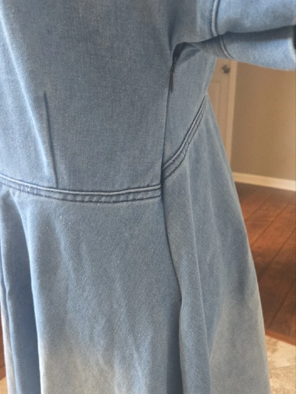 Blue Denim V-Neck Midi Dress with Frayed Hem